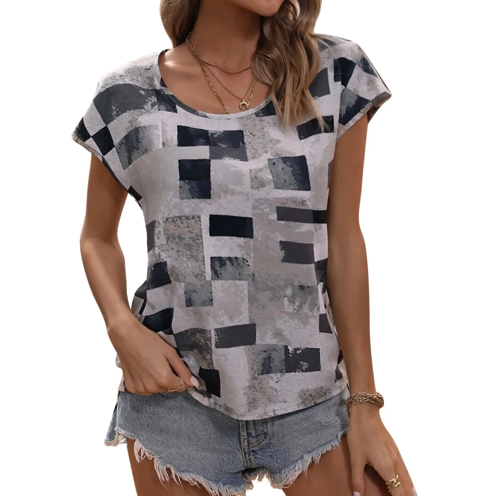 Women Casual Top with Geometric Printing Short Sleeve Round Neck Breathable T Shirt for Summer Light Gray XL