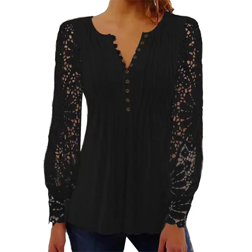 Women Long Sleeve Button Down Shirts Fashion Slimming Pure Color Women Lace Long Sleeve Slim Fit Tops Black L