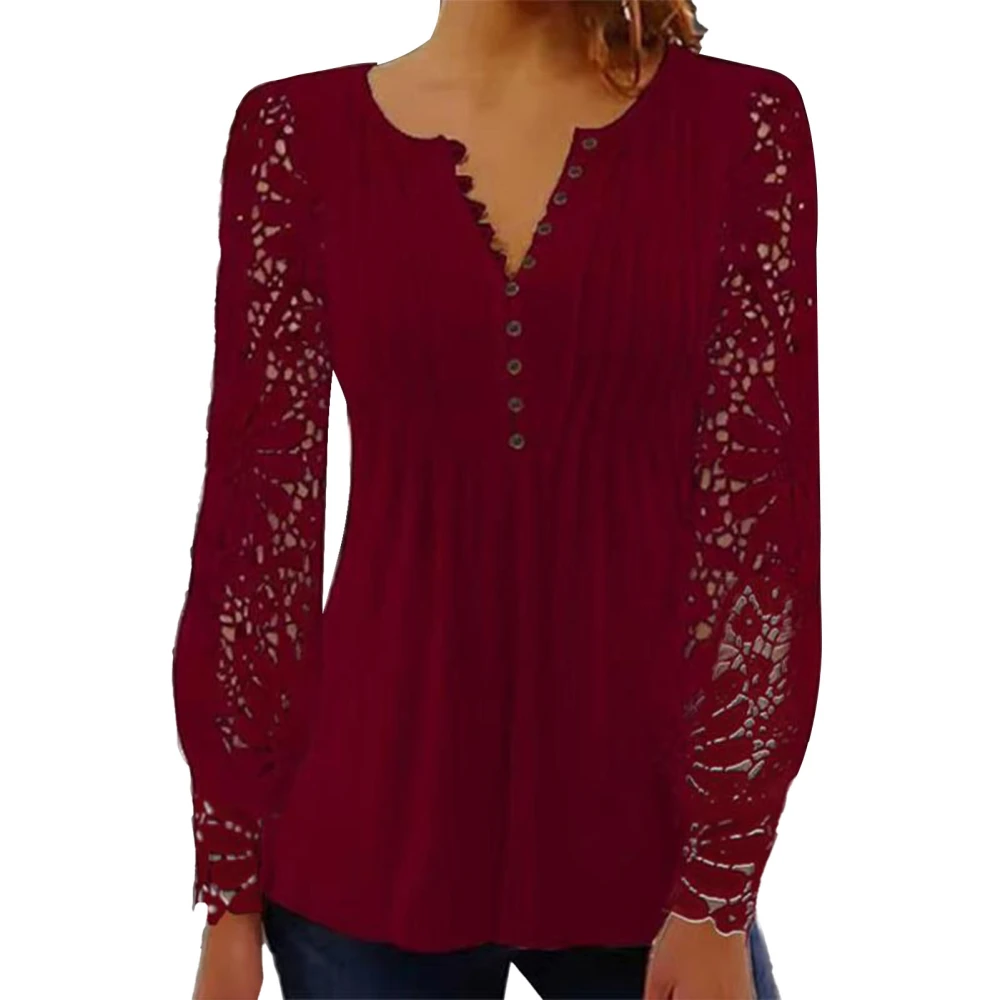 Women Long Sleeve Button Down Shirts Fashion Slimming Pure Color Women Lace Long Sleeve Slim Fit Tops Red M