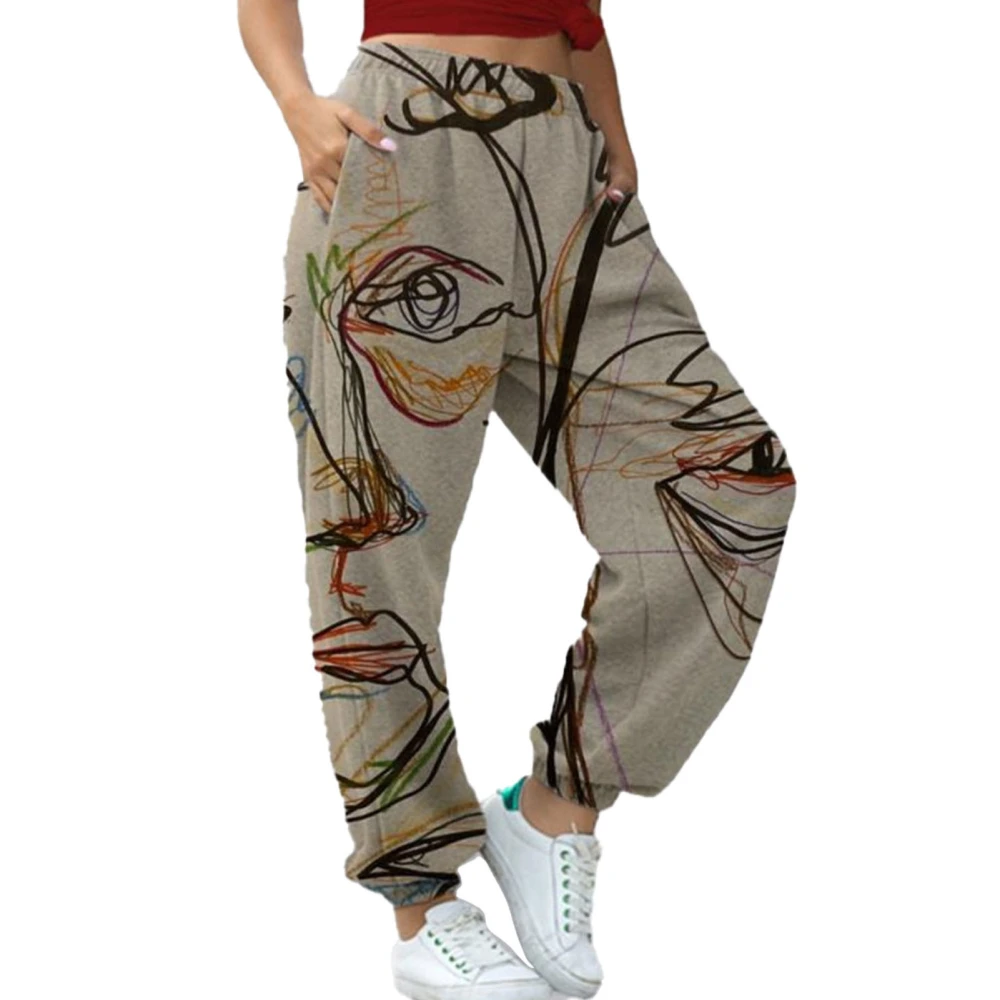 Women Long Sweatpants Elastic Tapered Cuff Pants Versatile Print Trousers Workout Loose Pants Portrait L