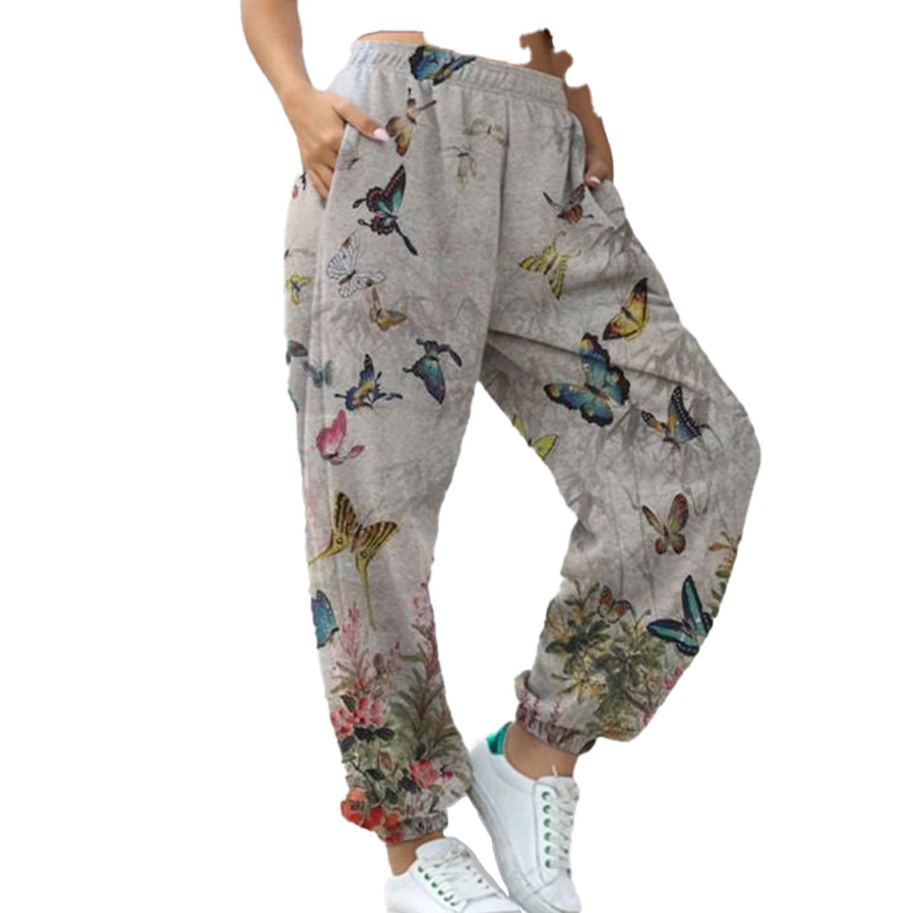 Women Long Sweatpants Elastic Tapered Cuff Pants Versatile Print Trousers Workout Loose Pants Butterflies L