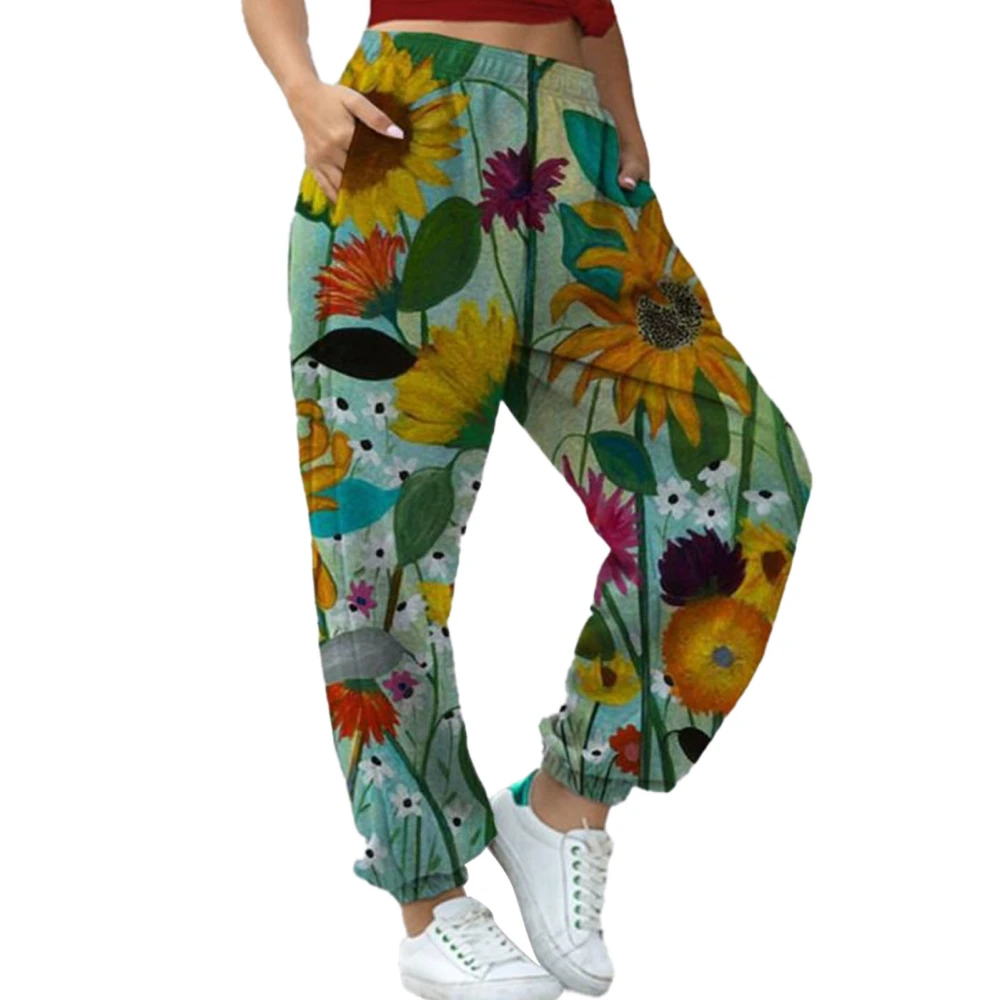 Women Long Sweatpants Elastic Tapered Cuff Pants Versatile Print Trousers Workout Loose Pants Sunflower M