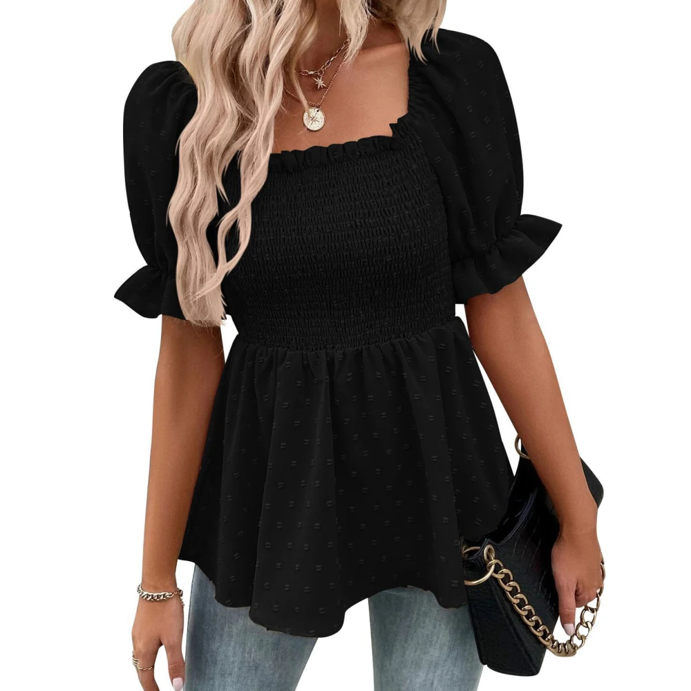 Women Shirred Top Short Puff Sleeves Ruffle Trim Summer Jacquard Fabric Casual T Shirt Black M