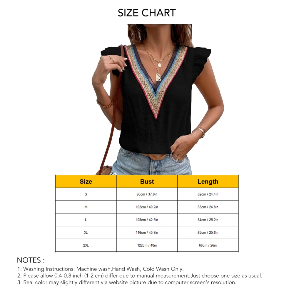 Women V Neck Top Colorful Lace Splicing Neckline Ruffle Cuff Loose Type Casual Tank Top Black L