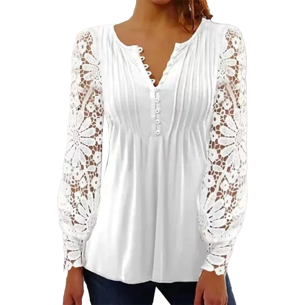 Women Long Sleeve Button Down Shirts Fashion Slimming Pure Color Women Lace Long Sleeve Slim Fit Tops White S