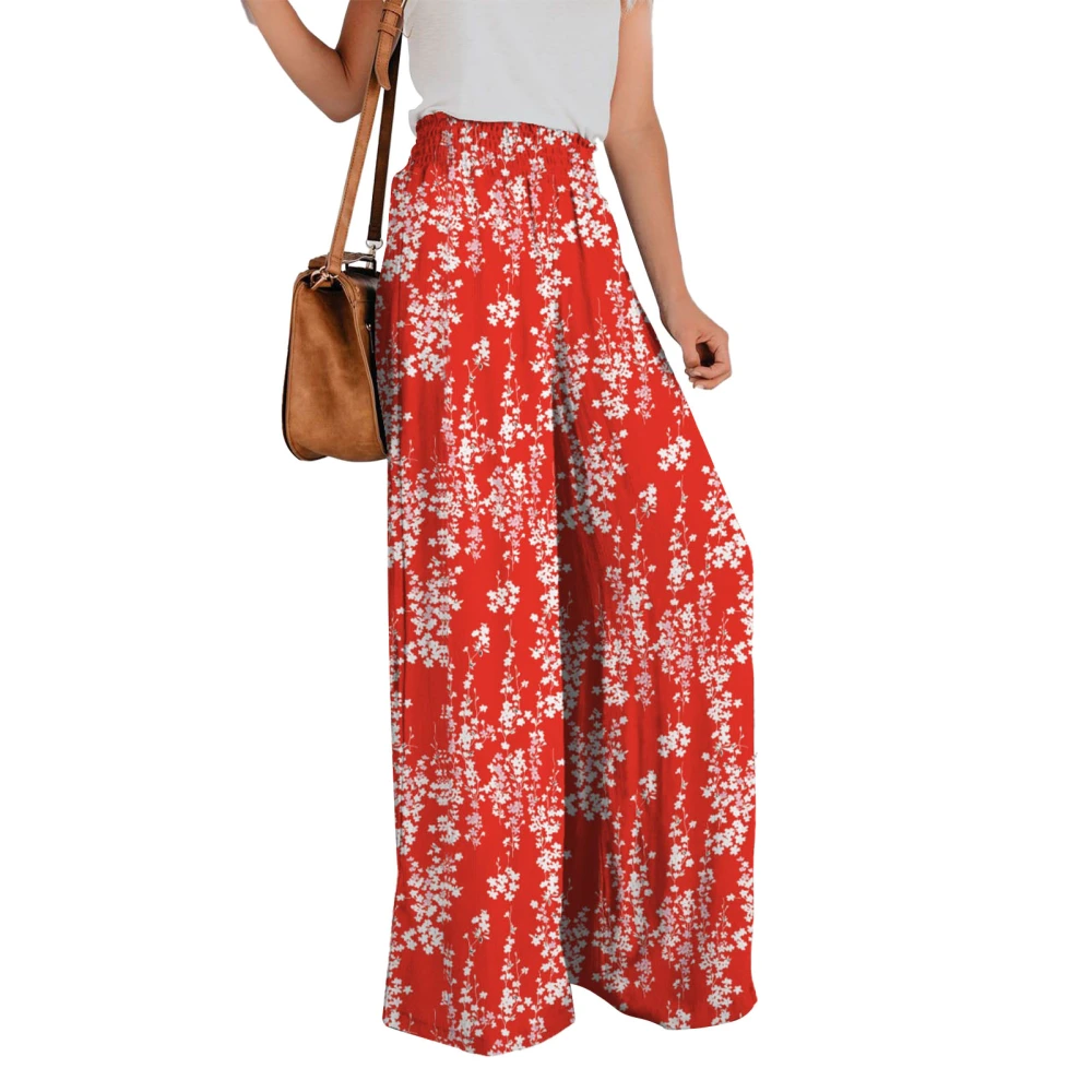 High Waist Pants Women Casual Slacks Wide Straight Leg Elastic Waist Trousers Loose Style Red Flowers L