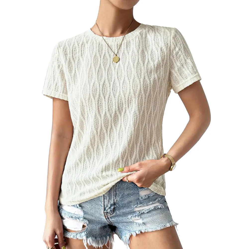 Woman Short Sleeve Shirt Solid Color Round Neck Loose Fit Casual Summer Tee Blouse for Gathering Shopping Work White L