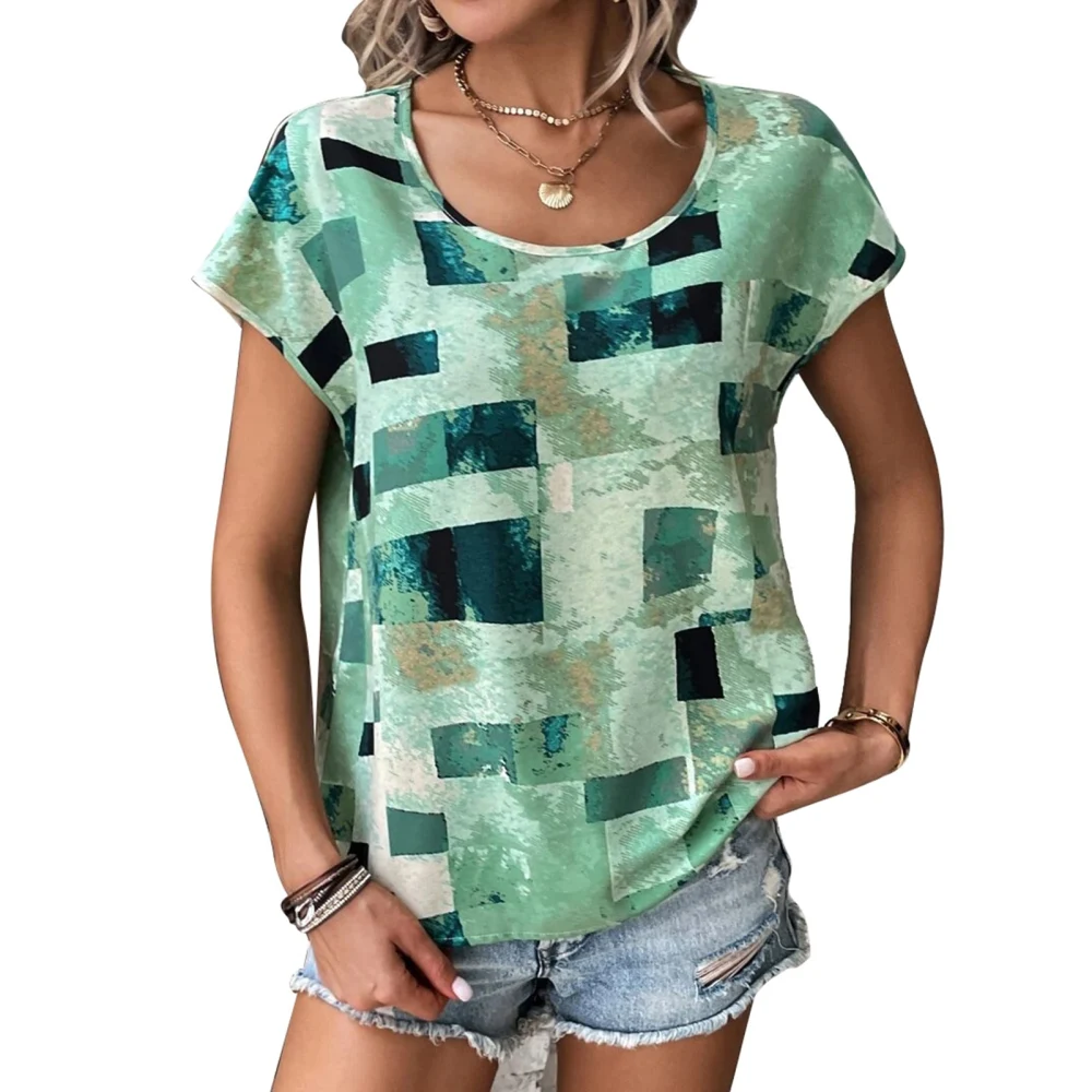 Women Casual Top with Geometric Printing Short Sleeve Round Neck Breathable T Shirt for Summer Green XL