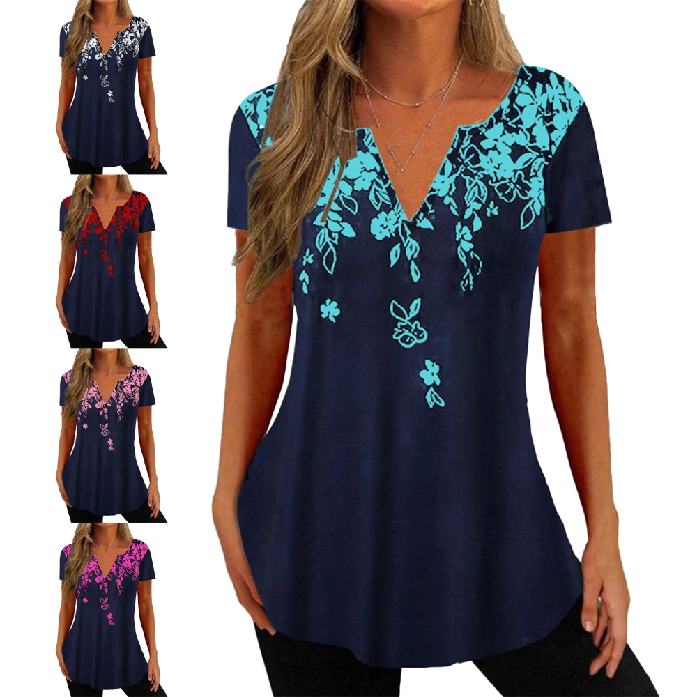 Women Short Sleeve V Neck Print Fashionable Comfortable Breathable Casual Blouse Top for Shopping Travel Office Blue S