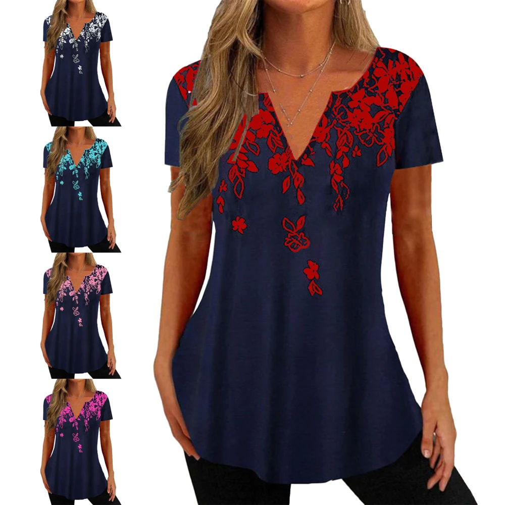 Women Short Sleeve V Neck Print Fashionable Comfortable Breathable Casual Blouse Top for Shopping Travel Office Red XL