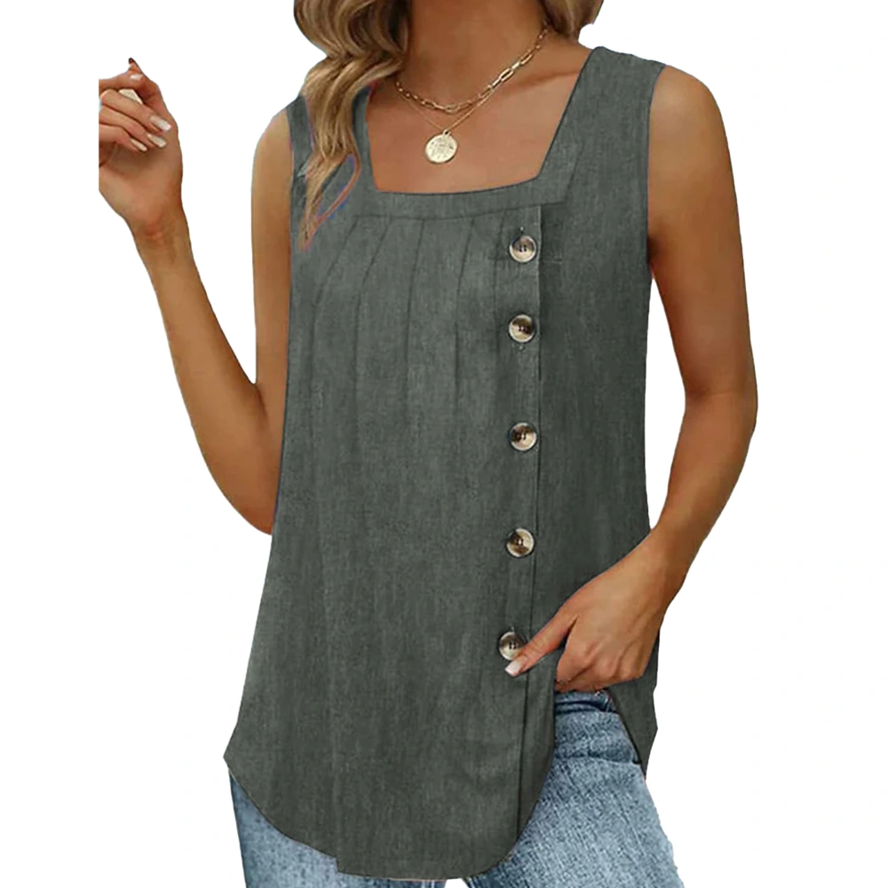 Women Sleeveless Tank Top Loose Fit Square Neck Pleated with Button for Summer for Go Out Gray XL