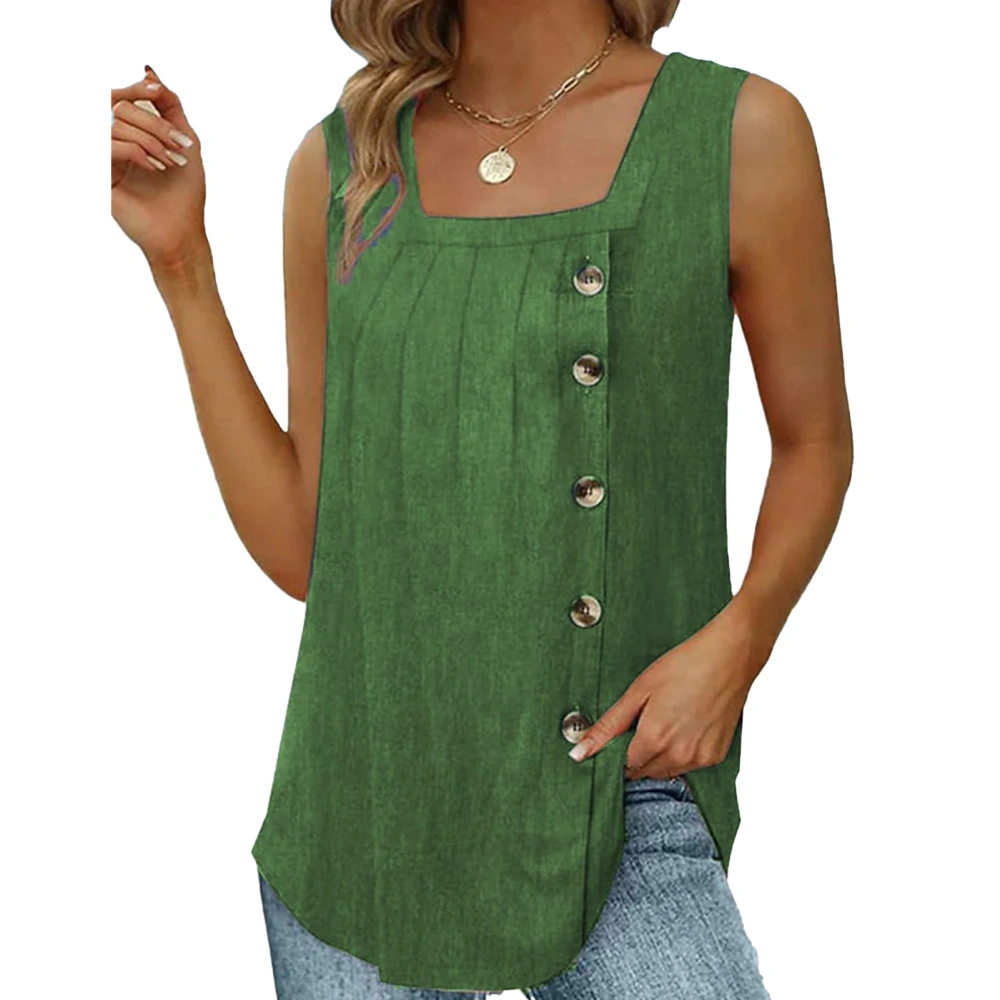 Women Sleeveless Tank Top Loose Fit Square Neck Pleated with Button for Summer for Go Out Green XL