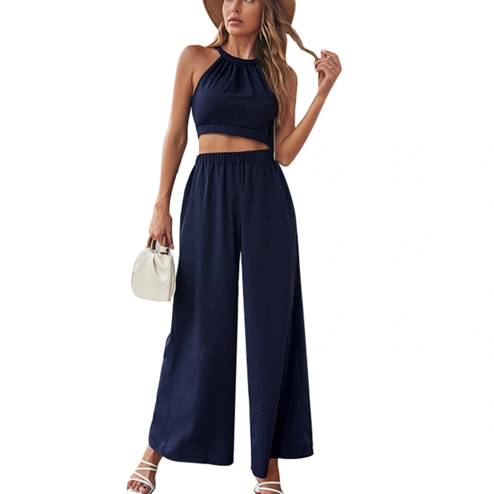 Women 2 Piece Outfit Set Halter Neck Casual Elastic Waist Wide Leg Pants Tank Top Set Dark Blue M