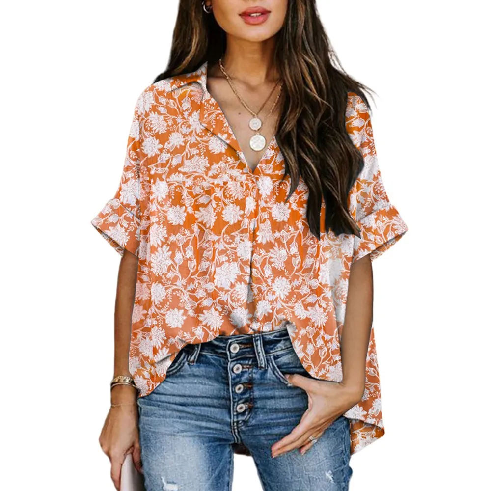 Women Blouse V Neck Shirt Short Sleeves Pretty Print T Shirt Button Back for Travel Office Red Flower L