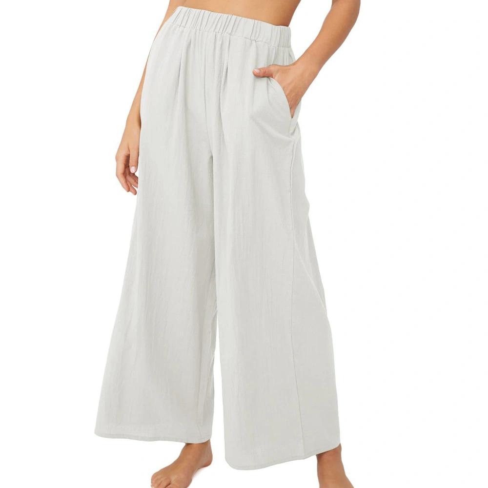 High Waisted Wide Leg Pants Straight Pure Color Elastic Waisted Wide Leg Trousers for Women Lady White M