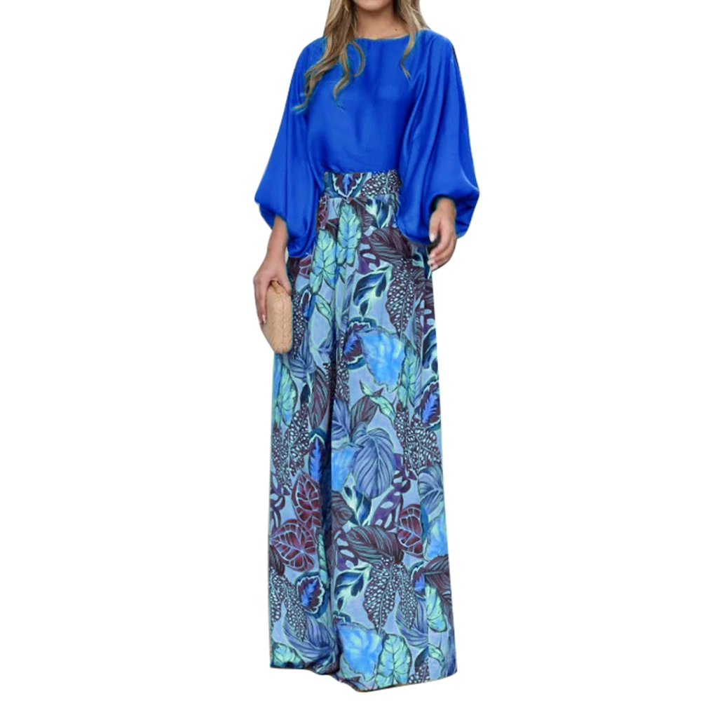 Women Casual 2 Piece Outfit Long Puff Sleeve Crewneck Top Blouse Floral Print Wide Leg Pants for Office Blue S