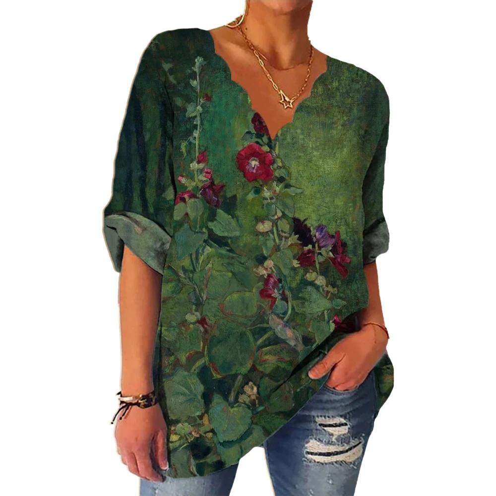 Women Blouse V Neck Long Sleeves Pullover Floral Print Comfortable Lady Shirt for Travel Office Green S