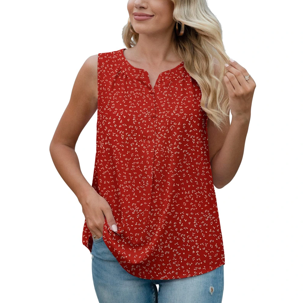 Women Round Neck Tank Top Slit Neckline Button Trim Loose Fitting Summer Sleeveless Vest Red with White Flowers L