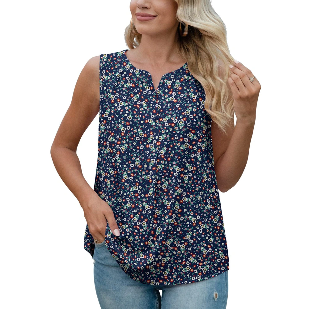 Women Round Neck Tank Top Slit Neckline Button Trim Loose Fitting Summer Sleeveless Vest Blue with Floral Print M