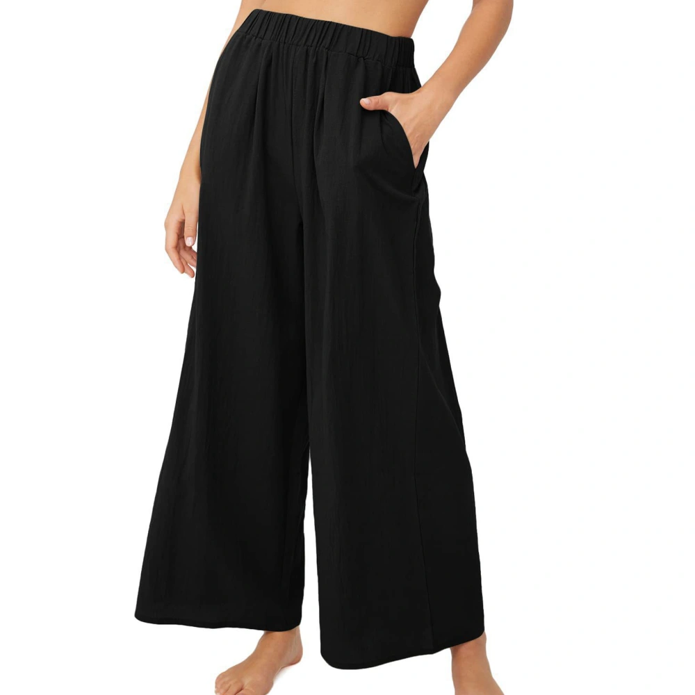 High Waisted Wide Leg Pants Straight Pure Color Elastic Waisted Wide Leg Trousers for Women Lady Black M