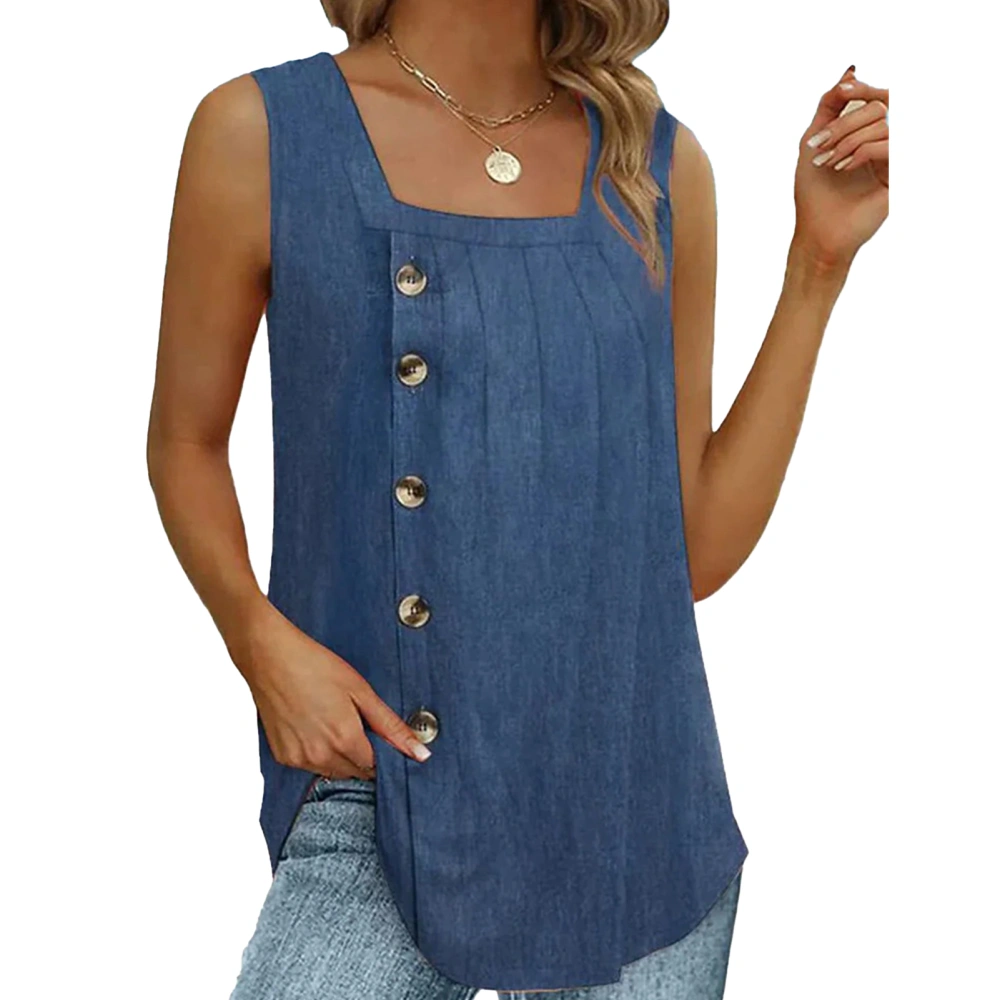 Women Sleeveless Tank Top Loose Fit Square Neck Pleated with Button for Summer for Go Out Blue L