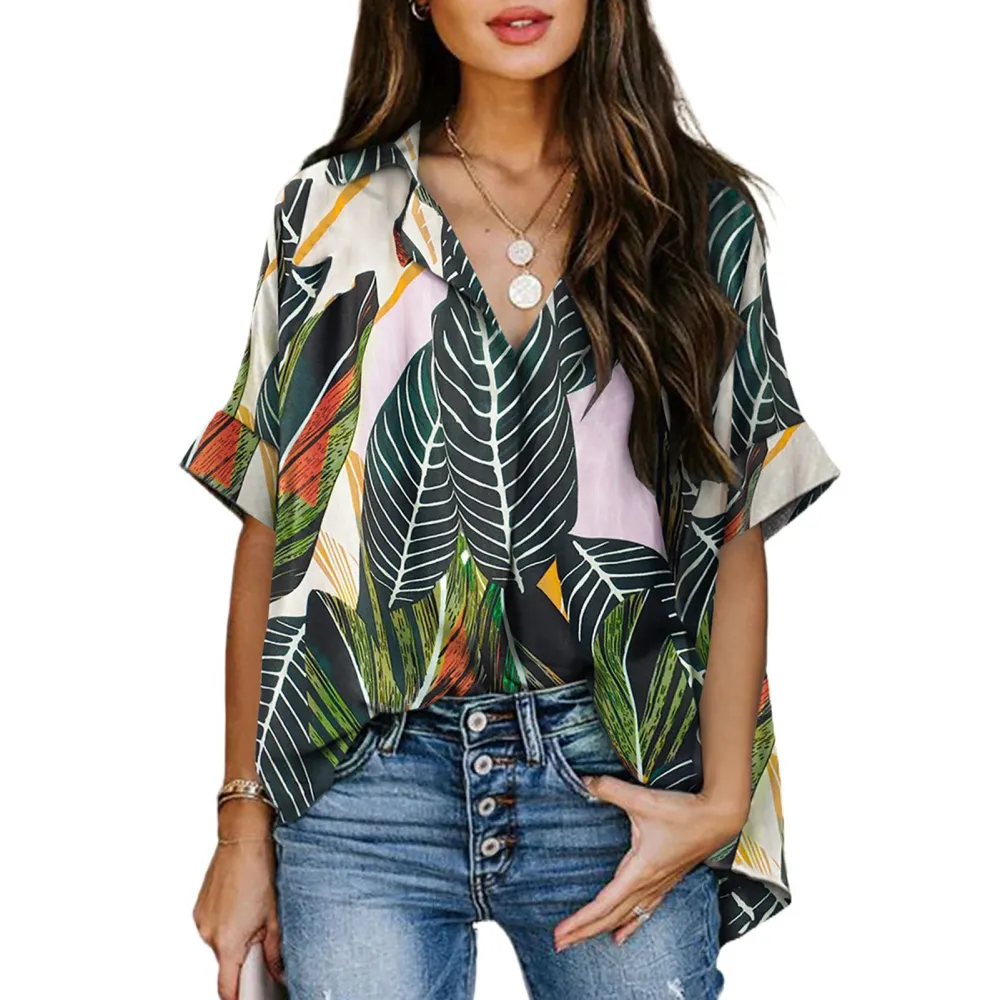 Women Blouse V Neck Shirt Short Sleeves Pretty Print T Shirt Button Back for Travel Office Green Leaves M