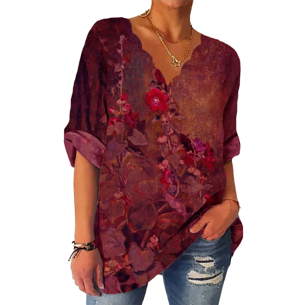 Women Blouse V Neck Long Sleeves Pullover Floral Print Comfortable Lady Shirt for Travel Office Red M