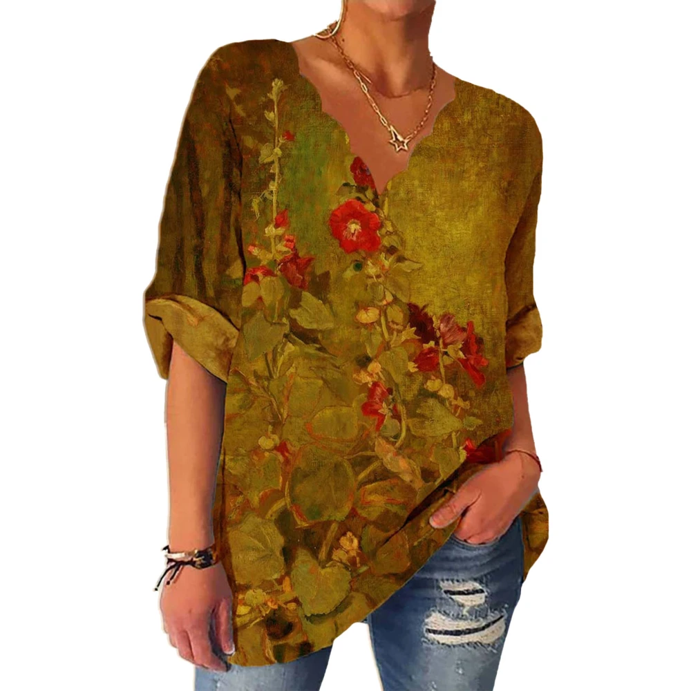 Women Blouse V Neck Long Sleeves Pullover Floral Print Comfortable Lady Shirt for Travel Office Khaki M