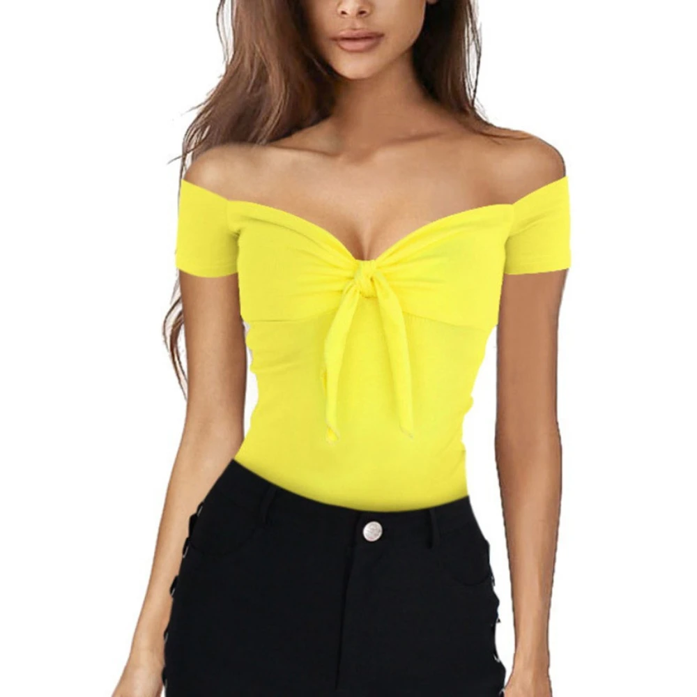 Women Off Shoulder Top Short Sleeve Tie Front T Shirt Blouse for Daily Dating Shopping Travel Yellow S