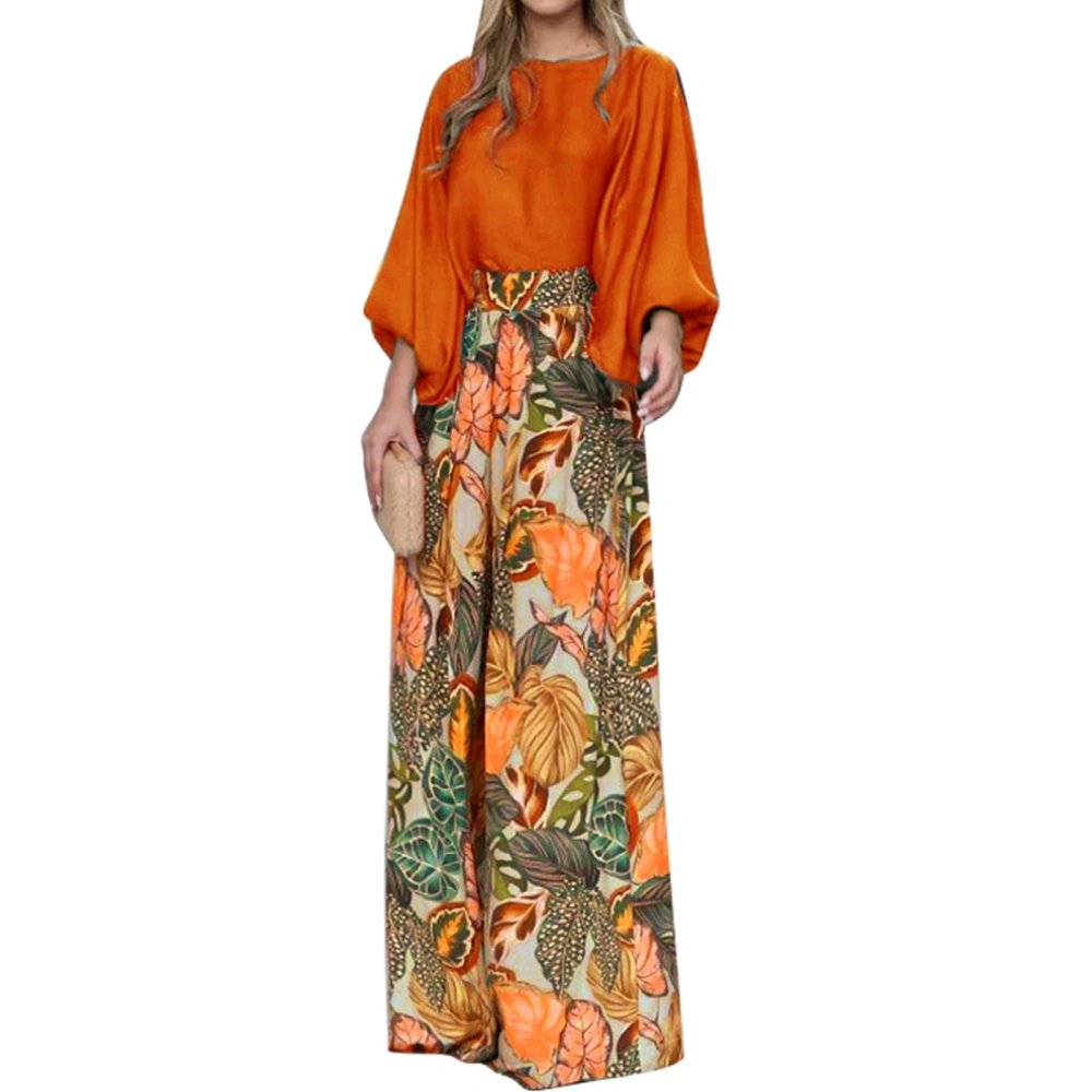 Women Casual 2 Piece Outfit Long Puff Sleeve Crewneck Top Blouse Floral Print Wide Leg Pants for Office Orange M