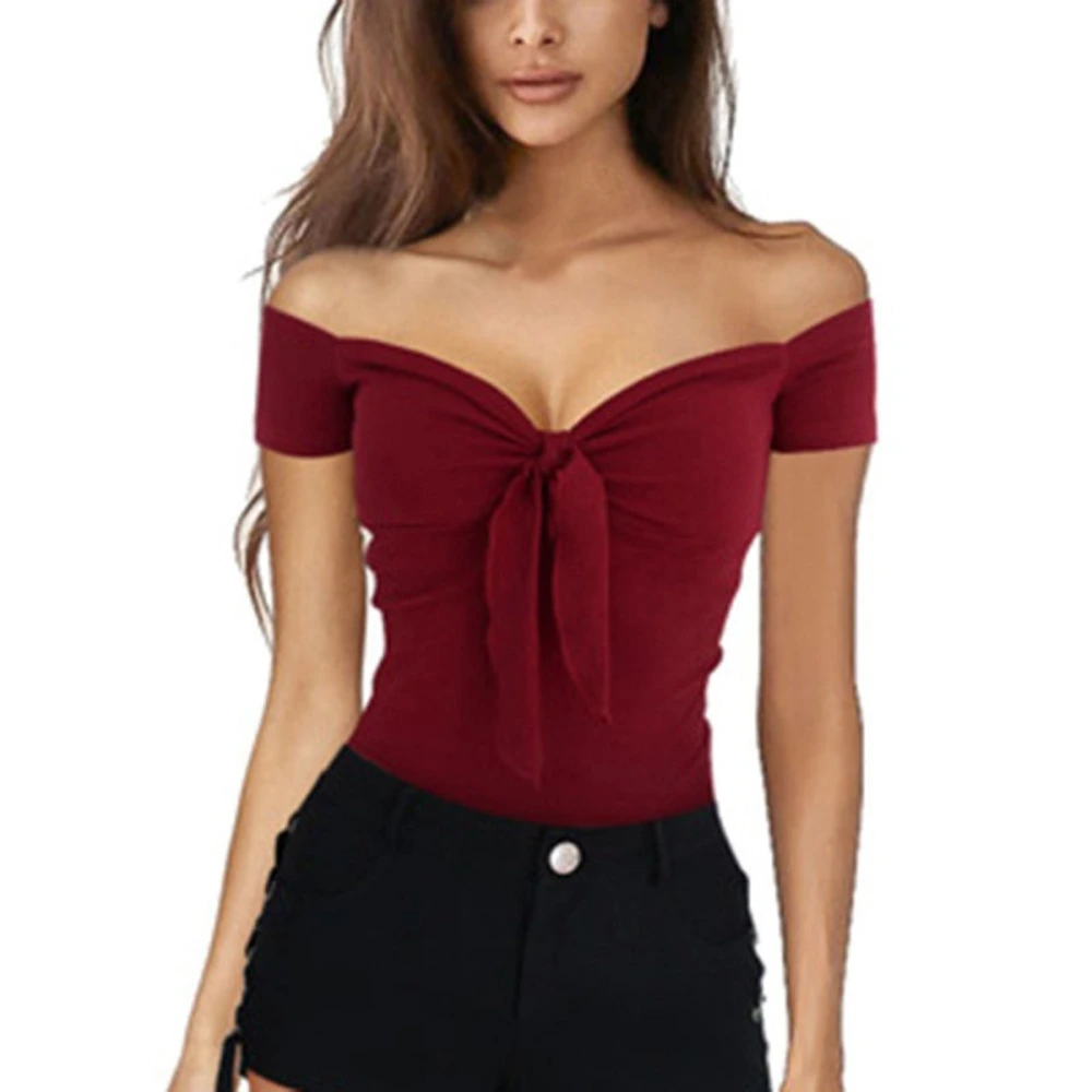 Women Off Shoulder Top Short Sleeve Tie Front T Shirt Blouse for Daily Dating Shopping Travel Wine Red XL