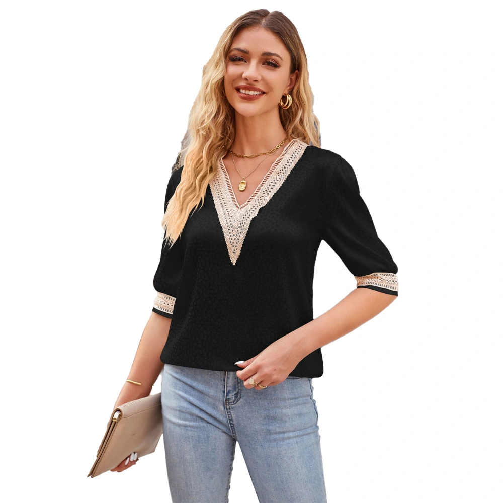 Short Sleeve Top Lace Stitching V Neck Top Women Casual Satin Printing T Shirt for Spring Summer Black M