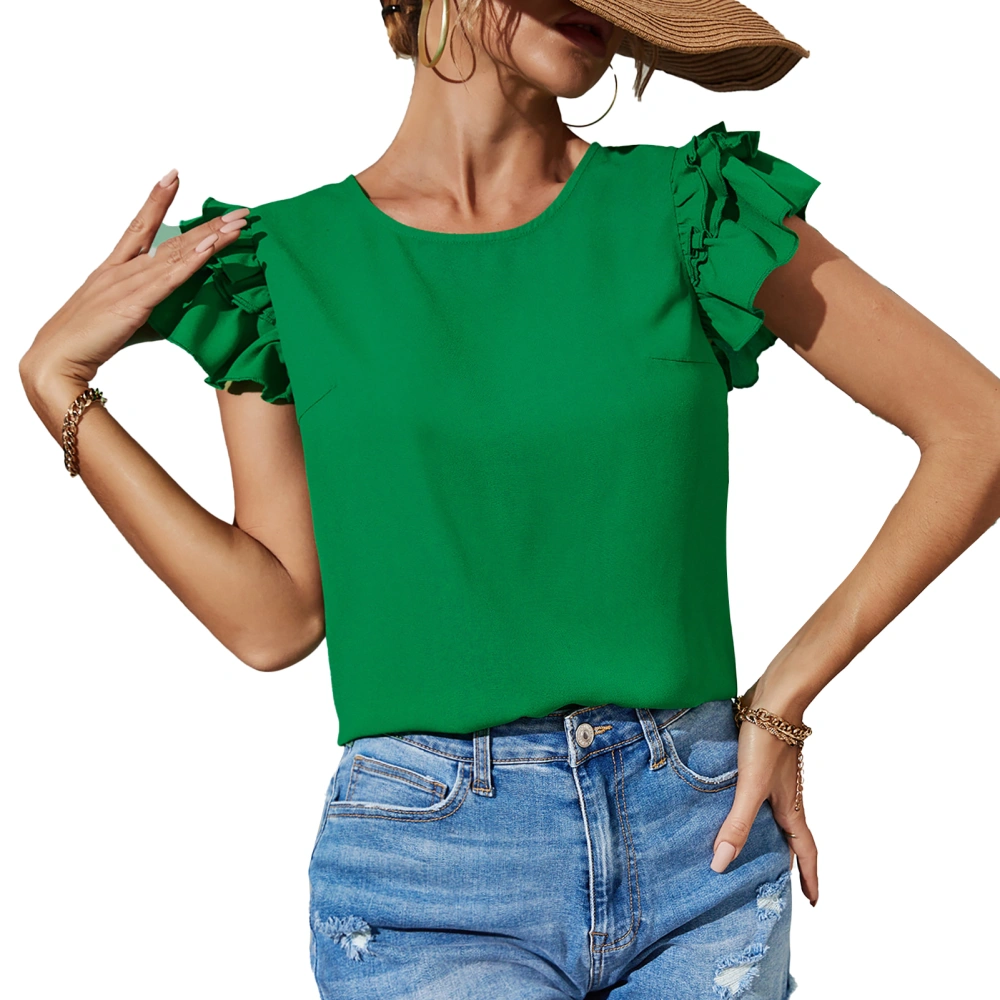 Women Layered Ruffle Sleeve Blouse Round Neck Pure Color Elegant Loose Fitting Casual Summer T Shirt Green M