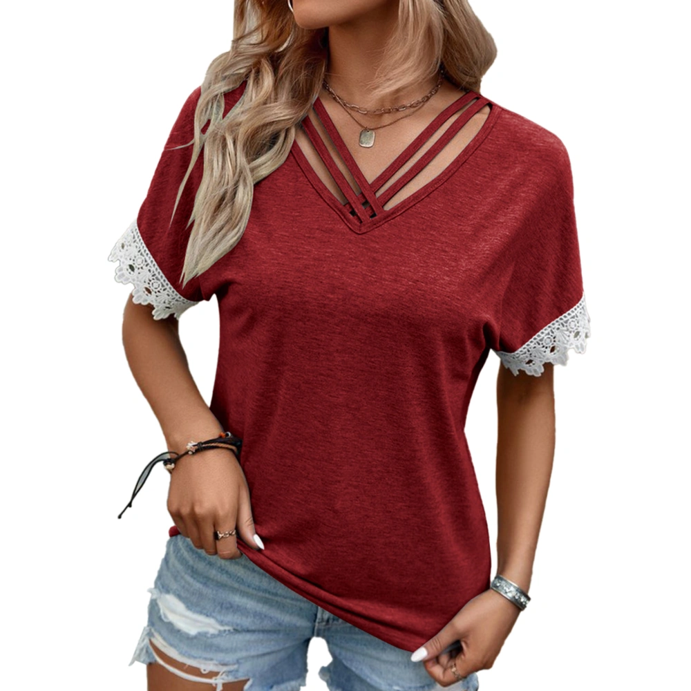 Women Summer Top Loose Short Lace Trim Sleeve Criss Cross V Neck T Shirt for Female Wine Red XXL