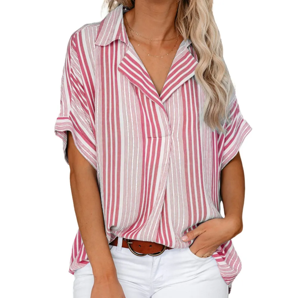 Women Blouse V Neck Shirt Short Sleeves Pretty Print T Shirt Button Back for Travel Office Pink Strip M