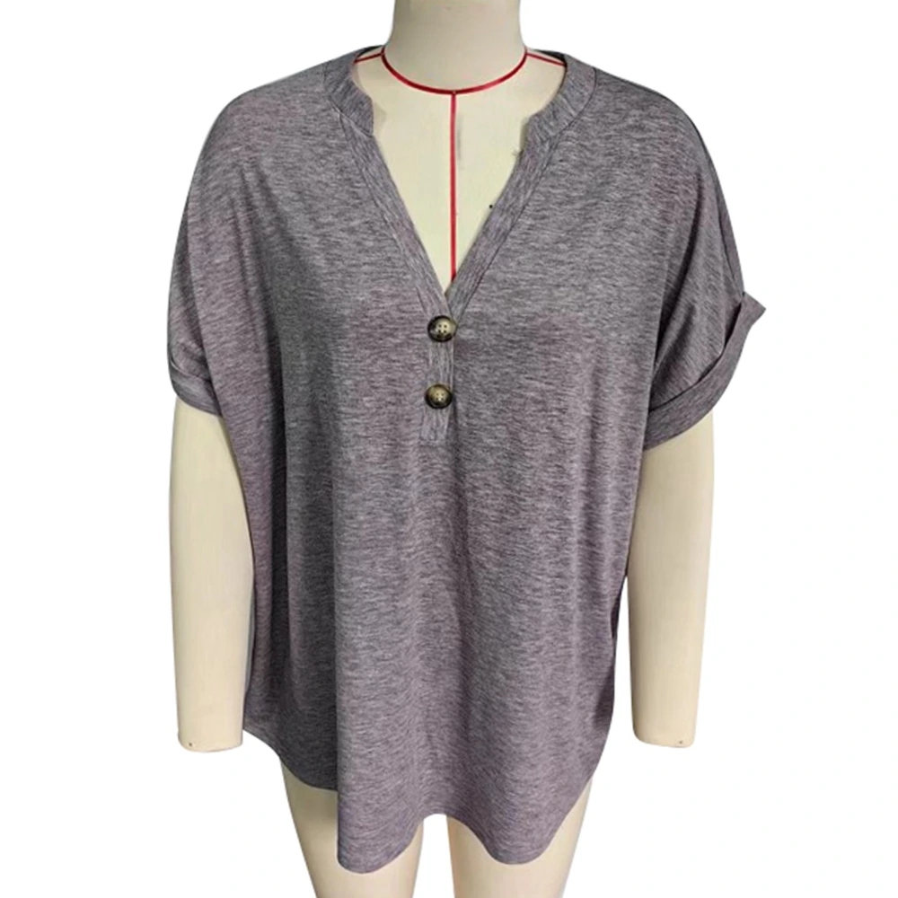 V Neck Button Top Women Loose Casual Elegant Plain Color Short Sleeve Shirt Blouse for Office Work Gray Coffee XXL