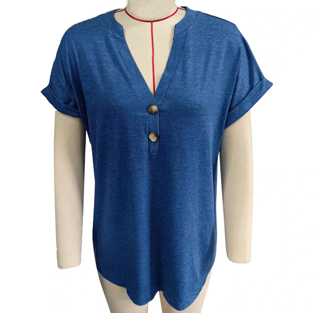 V Neck Button Top Women Loose Casual Elegant Plain Color Short Sleeve Shirt Blouse for Office Work Blue XL