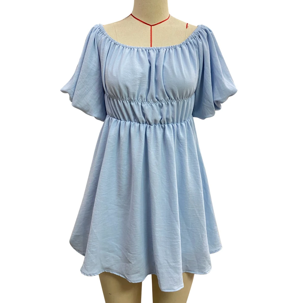 Short Puff Sleeve Dress Women Casual Elegant Fashionable Plain Color Dress for Beach Party Skyblue M