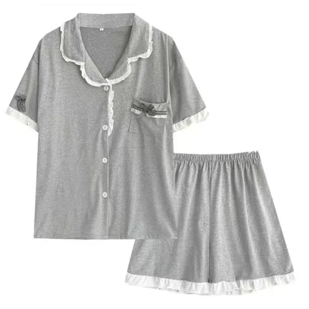 Women Pajama Set Short Sleeve Sleepwear Button Down Two Piece Nightwear for Spring Summer Gray XL