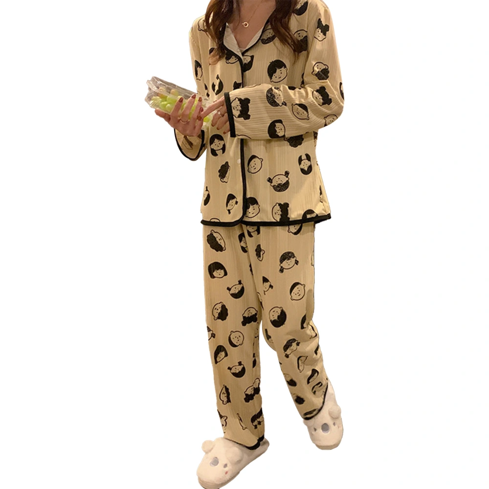 Women Long Sleeve Pajama Set Cute Cartoon Print Button Down Two Piece Sleepwear for Spring Home Cartoon L