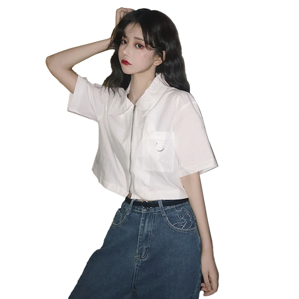 Women Zipper Short Sleeve Shirts Summer Fashion Casual Loose Pure Color Turn Down Collar Women Short Sleeve Blouses White L