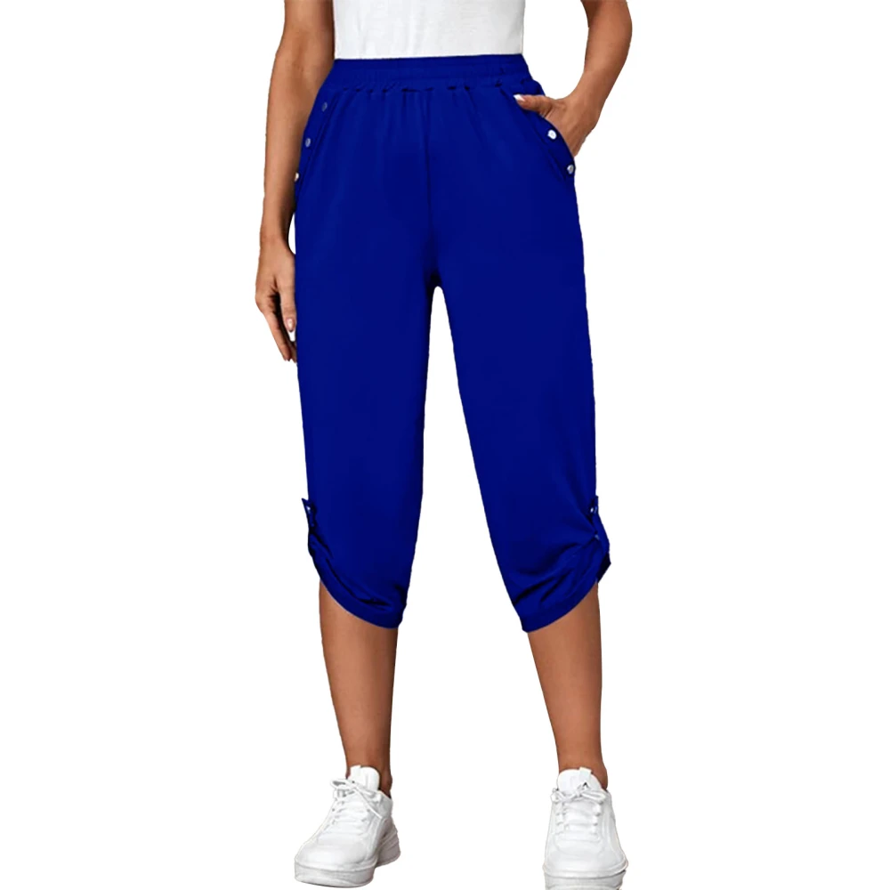 Women Cropped Pants Buckle Roll Up Hem Elastic Waist Side Pockets Pure Color Casual Loose Trousers Blue L