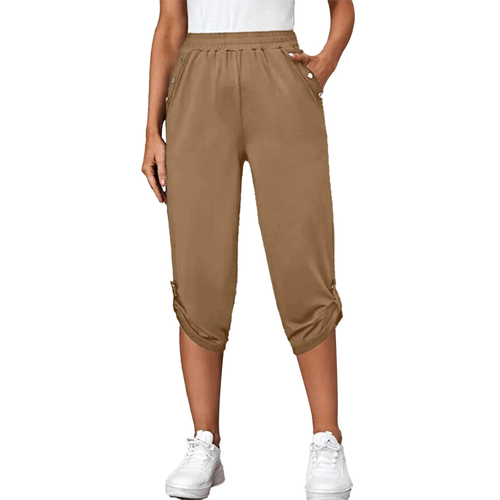 Women Cropped Pants Buckle Roll Up Hem Elastic Waist Side Pockets Pure Color Casual Loose Trousers Khaki XL