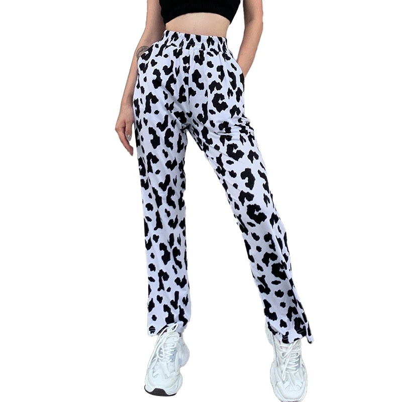 Flared Pants Printed Slim Fitted High Waisted Long Flare Leggings for Women Lady Street Black White Pattern L