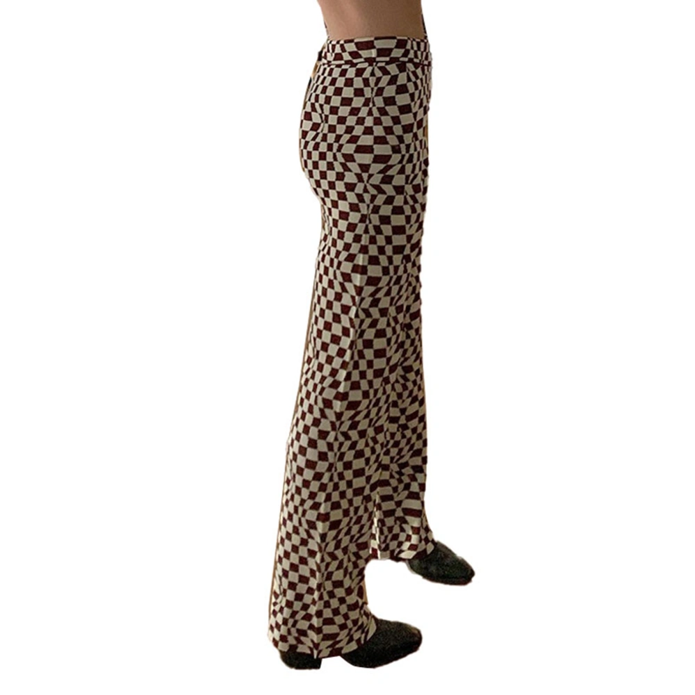 Flared Pants Printed Slim Fitted High Waisted Long Flare Leggings for Women Lady Street Brown Grid L