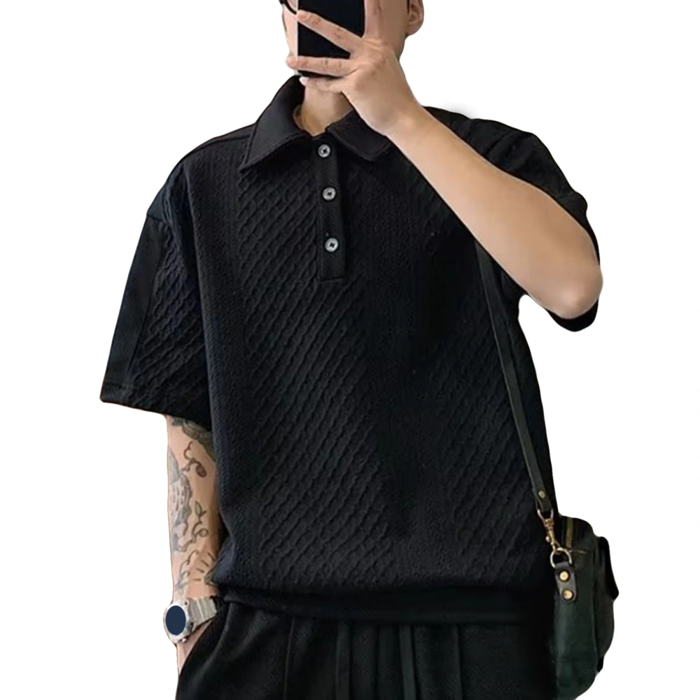 Men Short Sleeve Shirt Button Turn Down Collar Male Loose Pure Color Shirt for Gentlemen Black 2XL