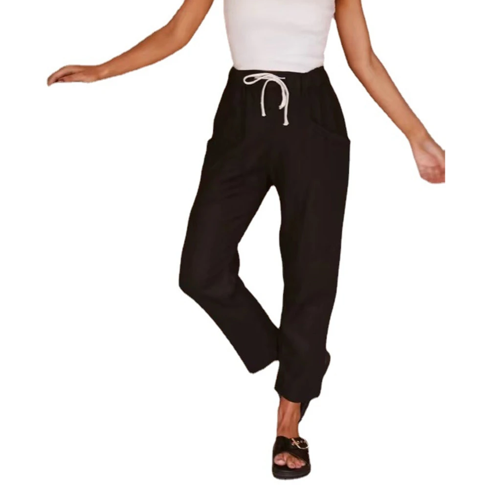 Women Tapered Pants with Side Pockets Drawstring Plain Color Casual Loose Fit Lounge Slacks Black XXL