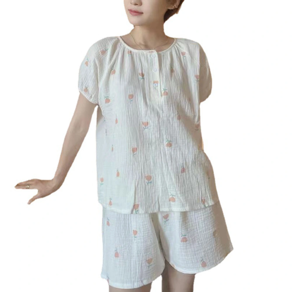 2 Pieces Sleep Set Round Neck Short Sleeve Short Pants Sweet Stylish Women Sleepwear Flower Pattern XL