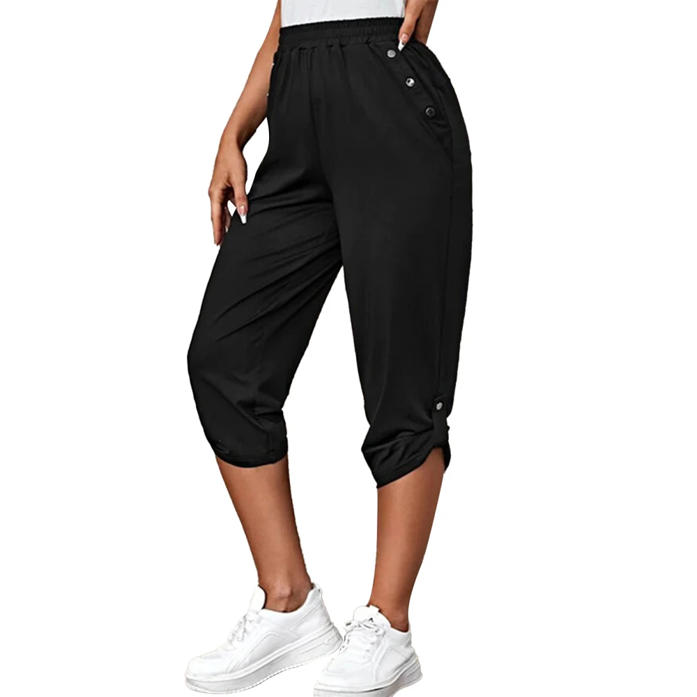 Women Cropped Pants Buckle Roll Up Hem Elastic Waist Side Pockets Pure Color Casual Loose Trousers Black S