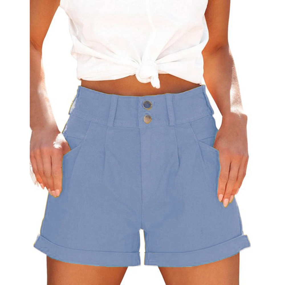 Women Summer Shorts High Waist Rolled Hem Buckles Closure Casual Shorts with Side Pockets Light Blue L